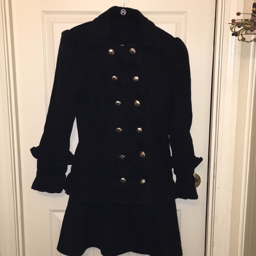 Juniors double breasted ruffle coat.